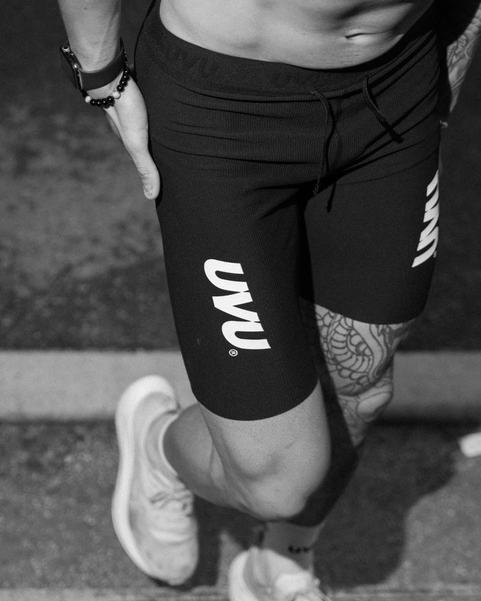 Detail of UVU branded running shorts